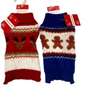 Pet Central puppy dog knit sweater Lot 2 New XS reindeer and gingerbread printed